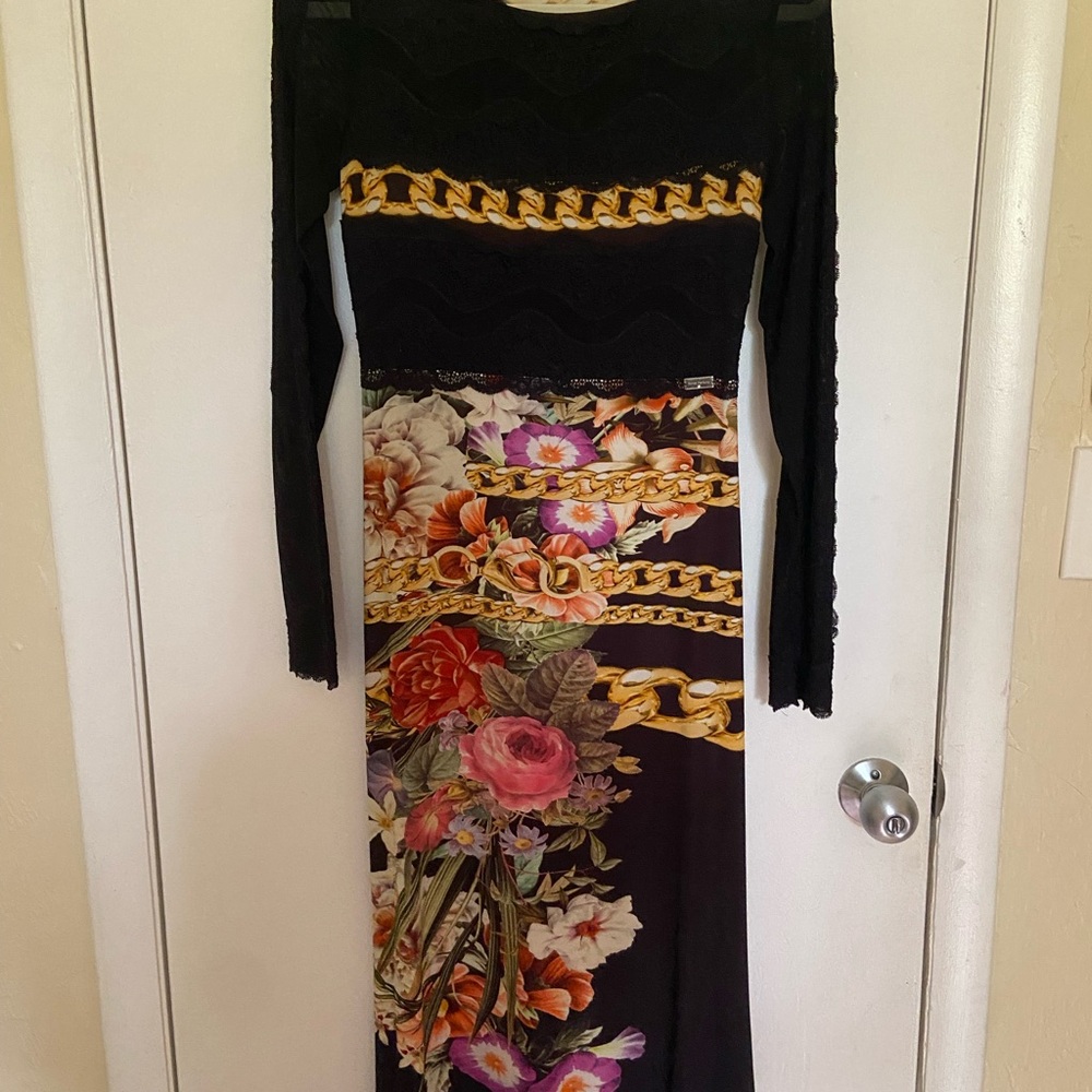 Black Floral & Gold Chain Long Sleeve Maxi Dress